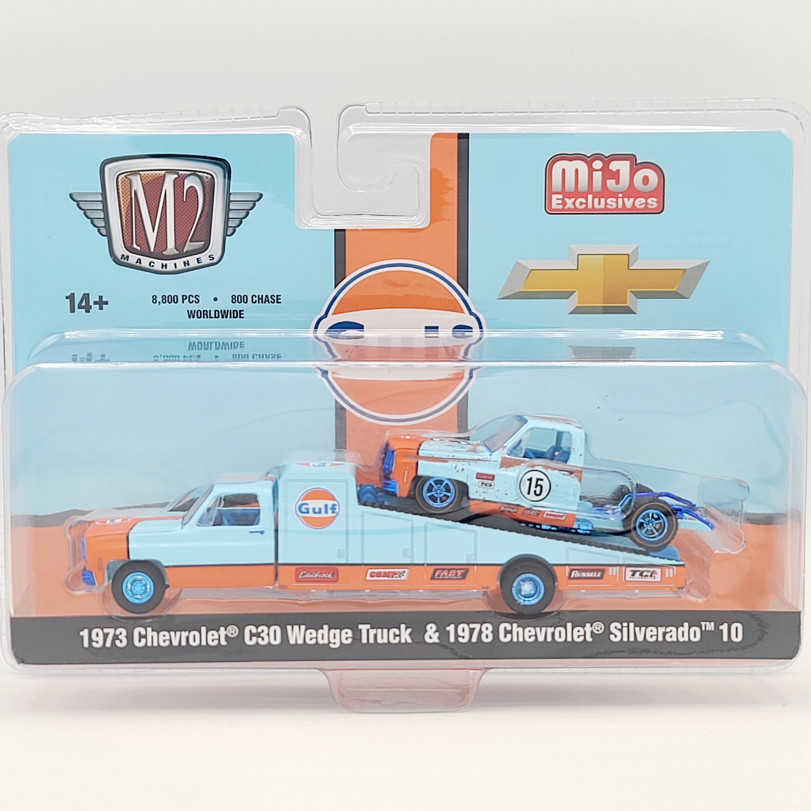 M2 Machines - CHASE - '73 Chevrolet C30 Wedge w/ '78 Chevrolet Silverado 10 - 1:64, Gulf Oil (2025 MiJo Exclusives - Limited Edition)